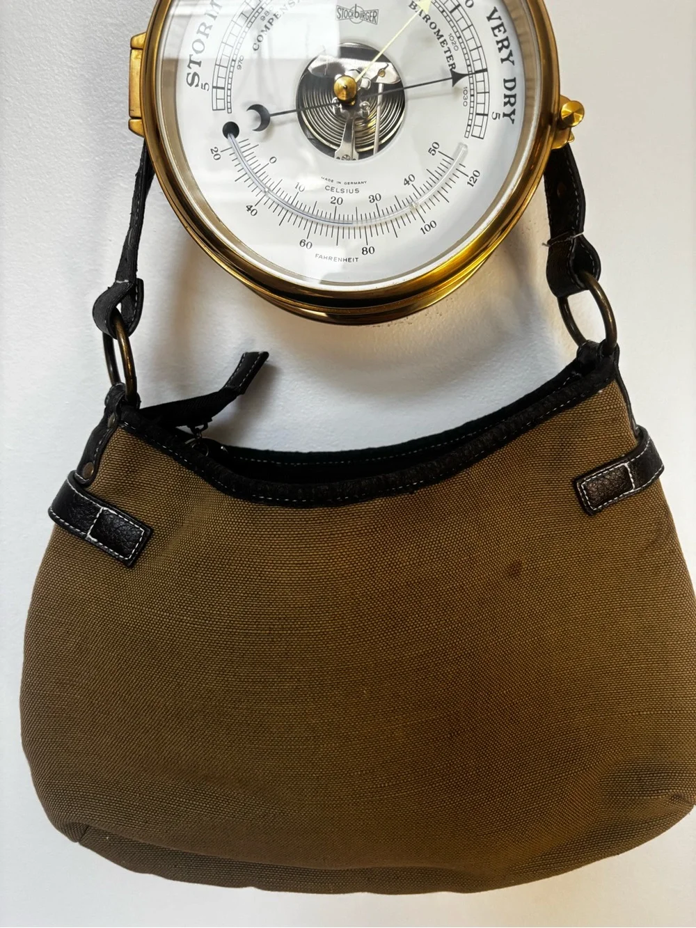 tan canvas and black pebbled leather accented with metallic studs VTG